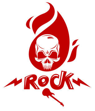 Skull in a flames Hard Rock music vector logo or emblem, aggressive skull dead head on fire Rock and Roll label, Punk festival concert or club, musical instruments shop or recording studio.