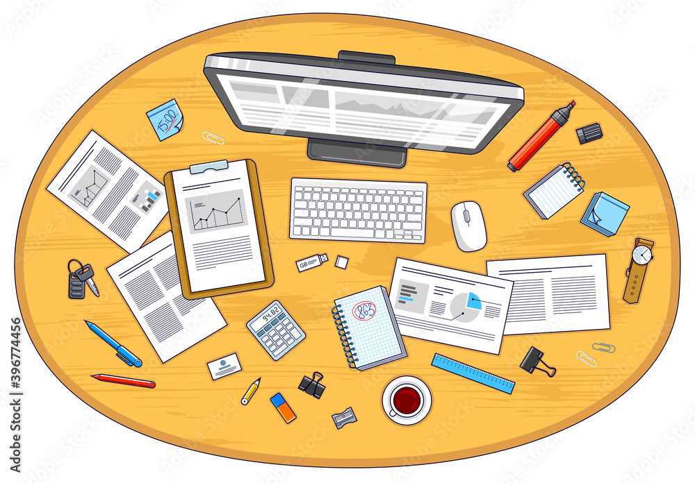 Poster office employee or entrepreneur work desk workplace with pc computer and analytics papers with graph