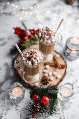 Still life cup of hot chocolate with marshmallows. Christmas. New Year. A festive hot drink. Mug of cappuccino. Sweet dessert.