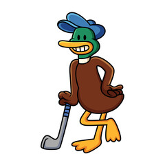 Cartoon duck playing golf with cute smile. Vector clip art illustration with simple gradients in white background.