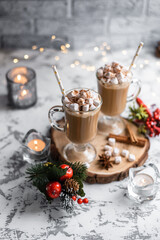 Still life cup of hot chocolate with marshmallows. Christmas. New Year. A festive hot drink. Mug of cappuccino. Sweet dessert.