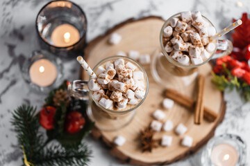 Obraz na płótnie Canvas Still life cup of hot chocolate with marshmallows. Christmas. New Year. A festive hot drink. Mug of cappuccino. Sweet dessert.