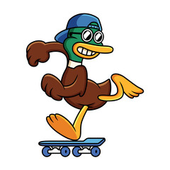 Cute duck playing skateboard vector cartoon Illustration. Cat playing skate concept. Duck cartoon logo.