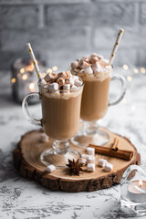 Still life cup of hot chocolate with marshmallows. Christmas. New Year. A festive hot drink. Mug of cappuccino. Sweet dessert.