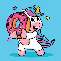 Cute Unicorn Cartoon with Sweet Donuts and Love. Vector Illustration. Romantic hand drawing or instructional media illustration for kid