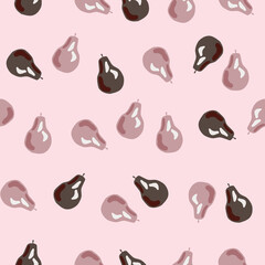 Random seamless pattern with pale pear elements. Pink and brown ornament fruit artwork.