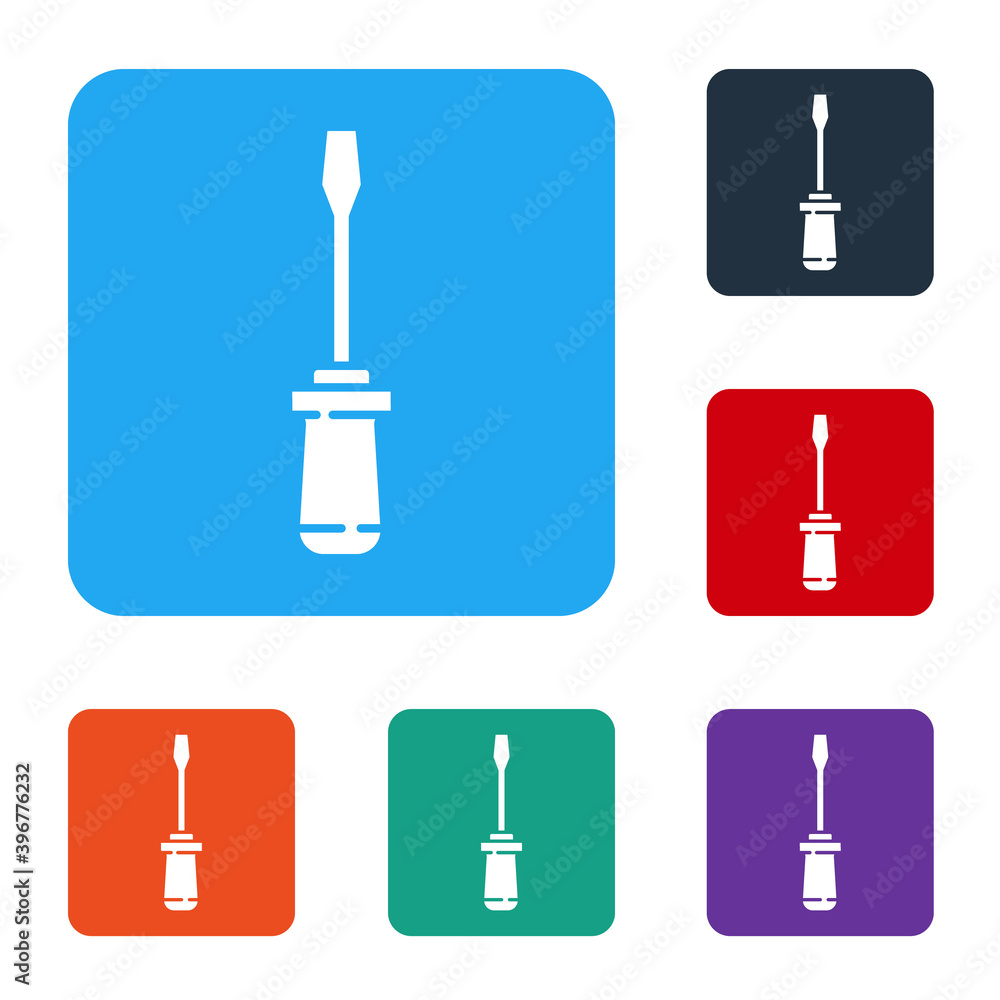 Poster white screwdriver icon isolated on white background. service tool symbol. set icons in color square 