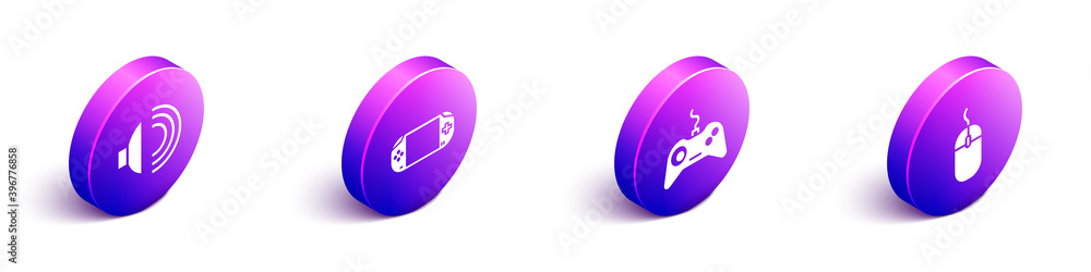 Poster set isometric speaker volume, portable video game console, gamepad and computer mouse icon. vector.