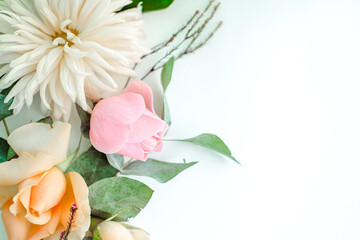 A composition of several colors is placed on a white background. Flat lay. top view. copy space . closeup