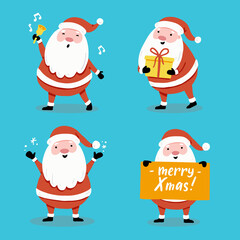 Set of cartoon Santa Claus in different poses for christmas banner, greeting card illustration. Santa character collection.
