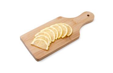 Lemon slices are on a cutting board. Object isolated on white background with texture and shadows. Kitchen utensils for cooking.
