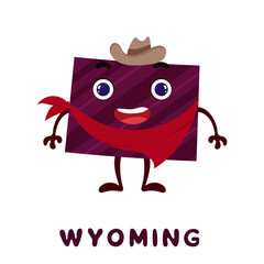 Cute cartoon Wyoming state character clipart. Illustrated map of state of Wyoming of USA with state name. Funny character design for kids game, sticker, cards, poster. Vector stock illustration.