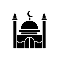 Mosque black glyph icon. Place of worship for muslims. Facilities and minarets from which calls to prayer are issued. Silhouette symbol on white space. Vector isolated illustration