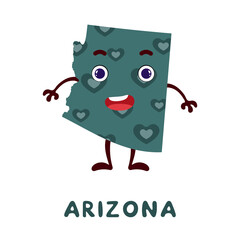 Cute cartoon Arizona state character clipart. Illustrated map of state of Arizona of USA with state name. Funny character design for kids game, sticker, cards, poster. Vector stock illustration.