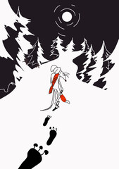 Obraz premium A sad rat, a symbol of the year with a protective mask, walks away along a winter forest road at night. The moon illuminates the fir trees along the snowy path. New year concept postcard