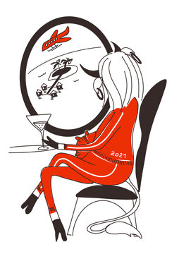 recommend clip art: A fashionable young cow, the symbol of the year, the oriental calendar flies in an airplane with a glass of champagne and sees a tropical island through the porthole. Travel concept.