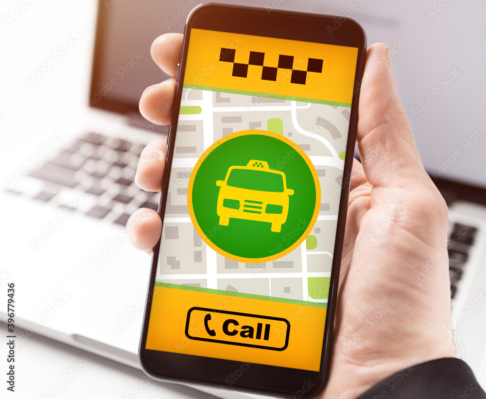 Poster man holding smartphone with taxi app interface