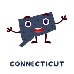 Cute cartoon Connecticut state character clipart. Illustrated map of state of Connecticut of USA with state name. Funny character design for kids game, sticker, card, poster. Vector stock illustration