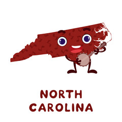 Cute cartoon North Carolina state character clipart. Illustrated map of state of North Carolina of USA with state name. Funny character design for kids game, sticker, card, poster. Vector illustration