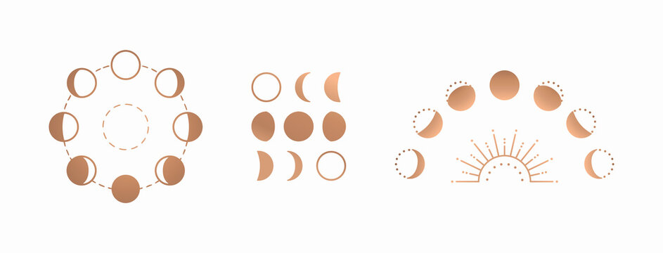 Phases of the moon, boho moon sun vector illustration, isolated on white background