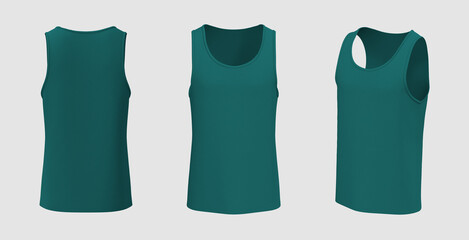 Blank crewneck sleeveless t-shirt mockup in front, side and back views, design presentation for print, 3d illustration, 3d rendering