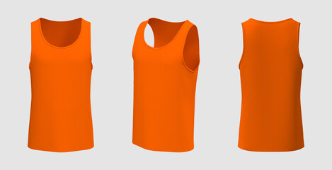 Blank crewneck sleeveless t-shirt mockup in front, side and back views, design presentation for print, 3d illustration, 3d rendering