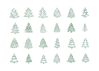 Fir tree line icons set. Christmas conifer spruce fir-tree. Hand drawn contour vector. Winter, holiday. - obrazy, fototapety, plakaty