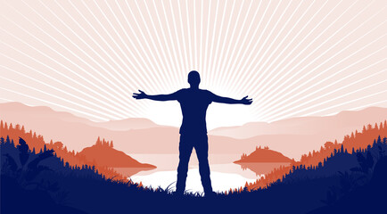 Finding purpose in life - Silhouette of enlightened man with open arms in nature, having a spiritual moment. Vector illustration.