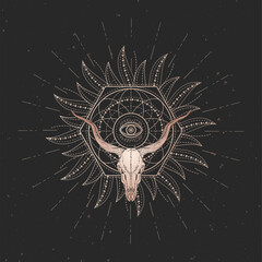 Vector illustration with hand drawn Antelope skull and Sacred geometric symbol on black vintage background. Abstract mystic sign.