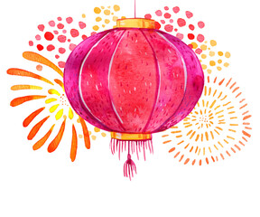 Chinese paper lantern with fireworks on the background. Hand drawn watercolor sketch illustration