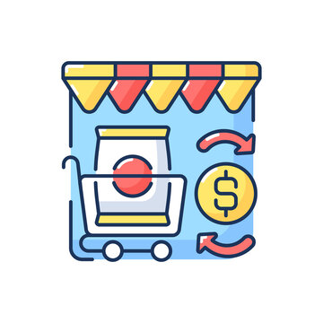 Retail trade RGB color icon. Commercial business, customer service, consumerism. Convenience store, shopping cart with merchandise. Isolated vector illustration