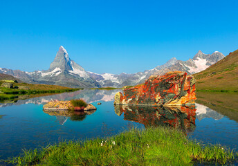 Scenic view on Bernese range above Bachalpsee lake. Popular tourist attraction. Location place...