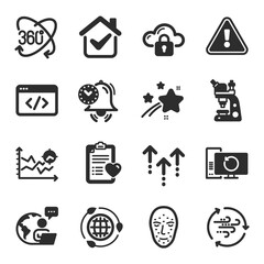 Set of Science icons, such as Cloud protection, Time management, Swipe up symbols. Eco energy, Full rotation, Wind energy signs. Patient history, Seo analysis, Seo script. Face biometrics. Vector