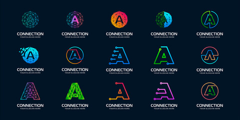 set of creative letter A Modern Digital Technology Logo Design. The logo can be used for technology, digital, connection, electric company.