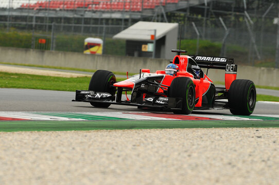 MUGELLO, ITALY May, 2012: Charles Pic of Marussia F1 team racing at Formula One Teams Test Days at Mugello Circuit in Italy.