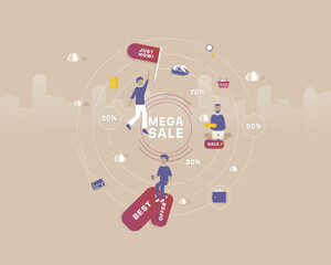 Obraz premium Mega sale. Online shop and market banner. Process Structure. Vector illustration with Web communication idea for telework, remote working, social media, business, finance, and start up