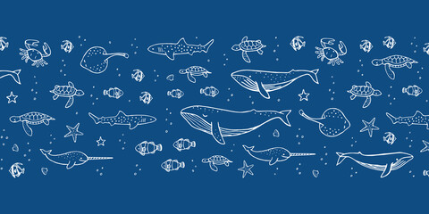 Hand drawn marine animals on blue background. Vector illustration © Shiffarigum