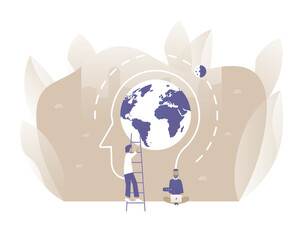 Think global. Earth mind. Eco Life. Process Structure. Vector illustration with Web communication idea for telework, remote working, social media, business, finance, and start up
