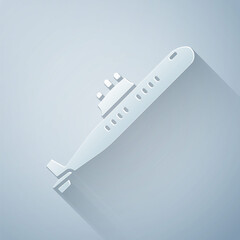 Paper cut Submarine icon isolated on grey background. Military ship. Paper art style. Vector.