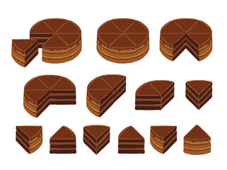 Pieces of chocolate cake. Infographic diagram set. The whole cake and its parts. Pie to separate. Isometric view vector illustration.