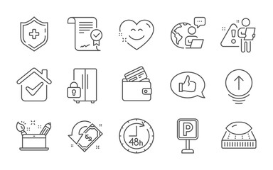 Mattress, Swipe up and Refrigerator line icons set. 48 hours, Debit card and Feedback signs. Approved agreement, Medical shield and Smile chat symbols. Line icons set. Vector
