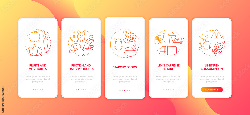 Poster healthy breastfeeding diet onboarding mobile app page screen with concepts. limit caffeine intake wa