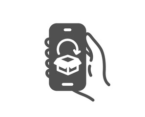 Delivery app icon. Hand hold phone sign. Cellphone with screen notification symbol. Quality design element. Flat style delivery app icon. Editable stroke. Vector