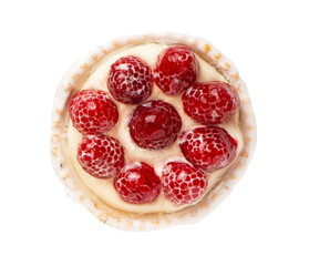 Tasty tartlet cake with raspberries and cream isolated on white. Ready for clipping path.