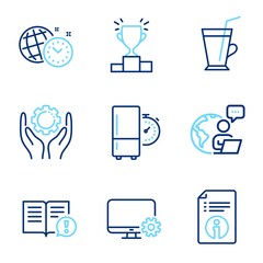 Business icons set. Included icon as Refrigerator timer, Employee hand, Technical info signs. Winner podium, Coffee cup, Monitor settings symbols. Time management, Facts line icons. Vector