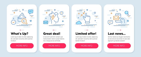 Set of Business icons, such as Mindfulness stress, Touchscreen gesture, Collagen skin symbols. Mobile app mockup banners. Messenger mail line icons. Cloud storm, Zoom out, Skin care. Vector