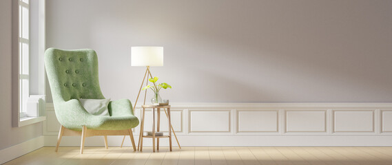 Modern vintage interior of living room, Armchair with light green cushion - 3D Rendering