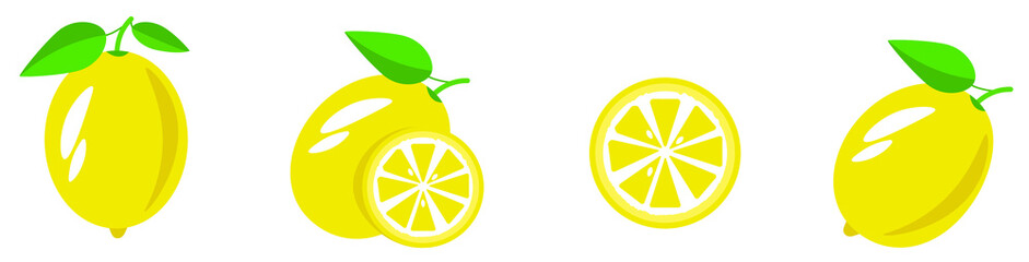 a set of images of a lemon in different angles in the flat style with highlights on an isolated background, a lemon with leaves, half a lemon.vector illustration