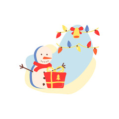 Christmas season flat vector concept illustration with abstract shapes. Traditional New Year decoration. Happy snowman. Winter holiday celebration. Seasonal greeting 2D organic cartoon elements