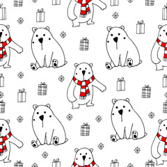 Cute polar bears vector illustration seamless pattern on white background doodle winter characters with gifts, snowflakes for packaging design, textiles